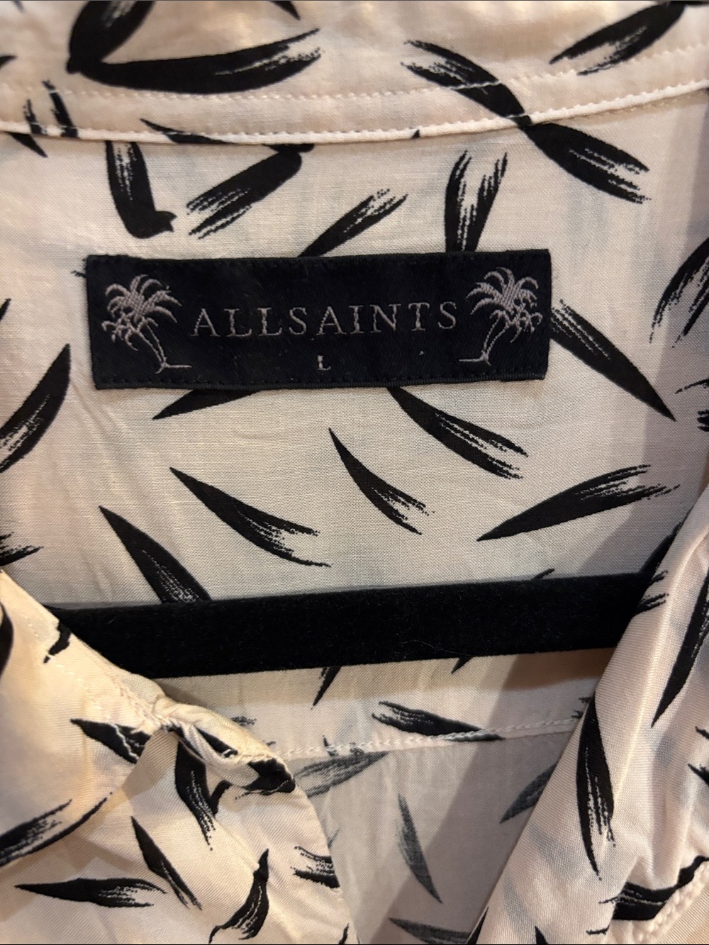 ALL SAINTS White Short Sleeve Button-Up Shirt with Black Leaf Motif - Picture 2 of 4